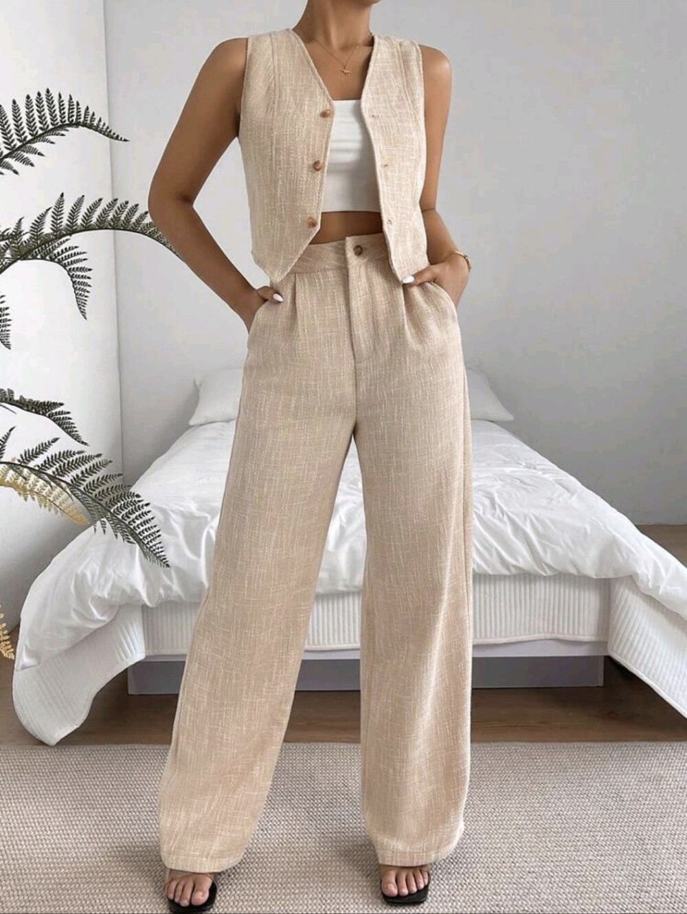 Tweed Pant Suit 2 Piece Co-Ord Beige Tweed Vest & Wide Leg Pant Set Medium